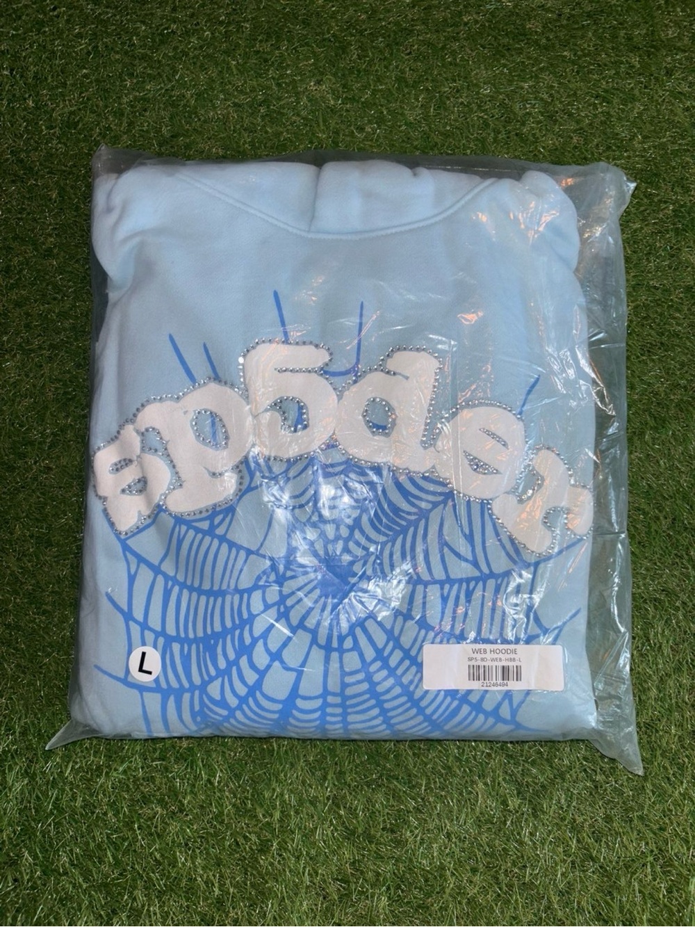 Light Blue Graphic 'SP5der' Hoodie - Blue & White Design